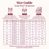 Sculpt Brief size guide XS–5XL, cm and inches, US UK EU