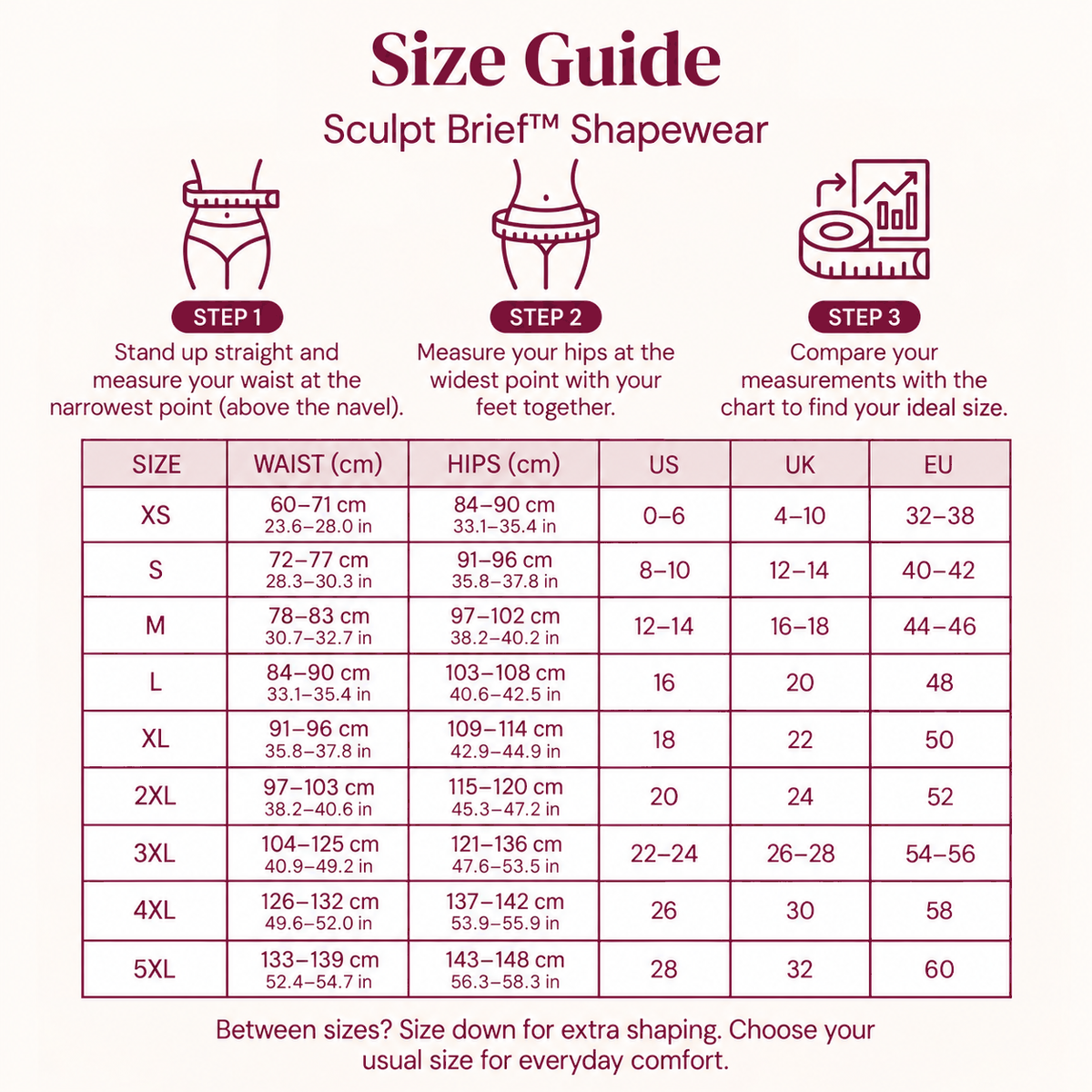 Sculpt Brief size guide XS–5XL, cm and inches, US UK EU