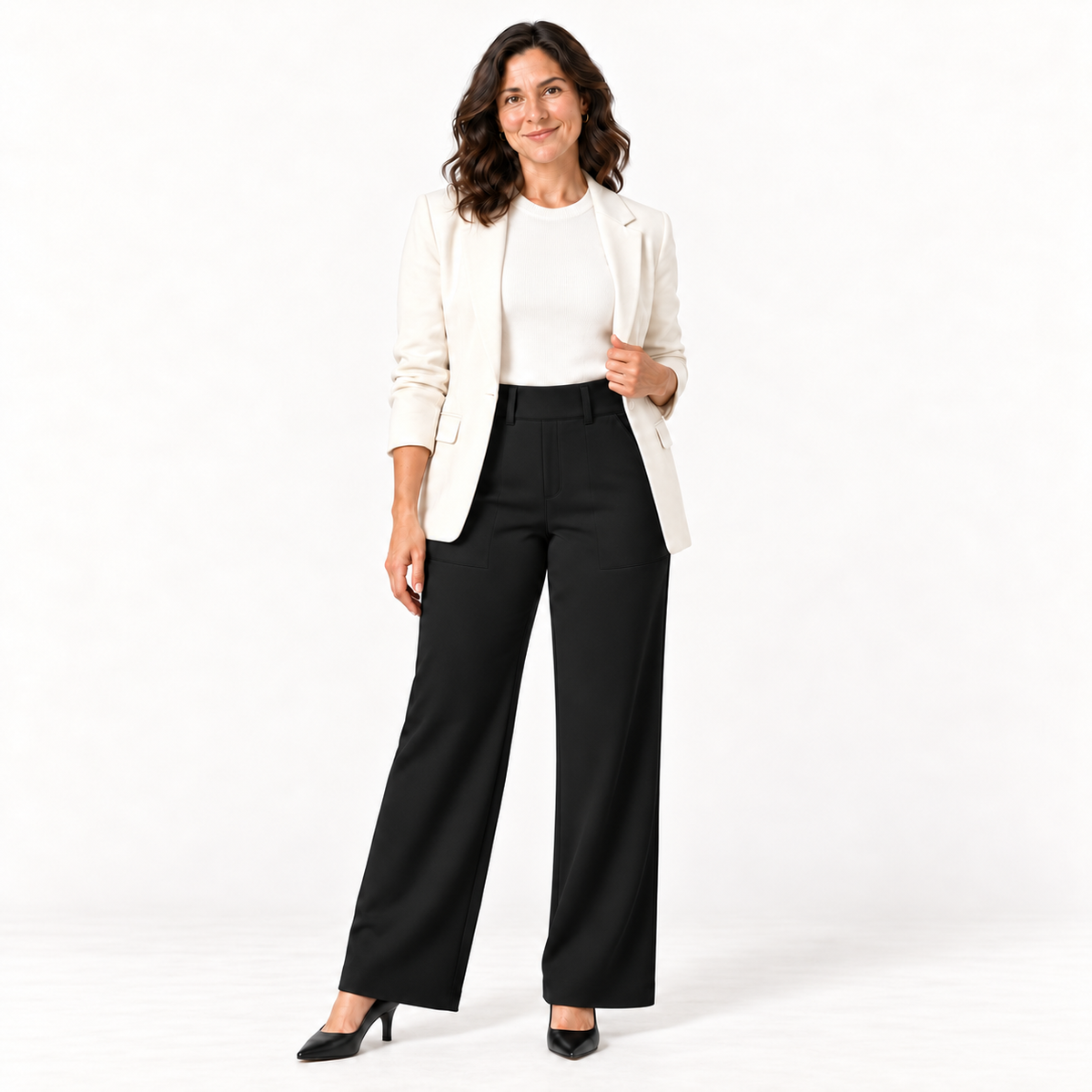 Sculpt & Flex Pant black styled with an ivory blazer and closed-toe pumps