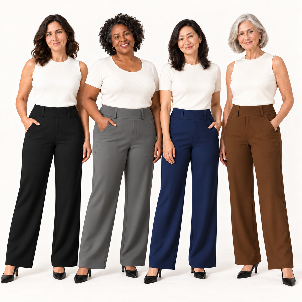 Four women wearing Sculpt & Flex Pants in Black, Grey, Blue and Coffee with closed-toe heels.