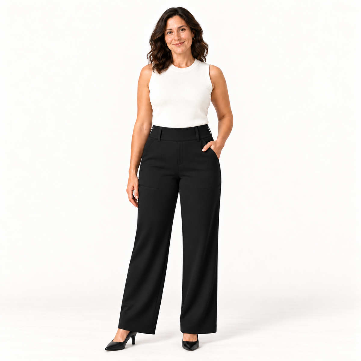ShapeLab Sculpt & Flex Pant black worn with closed-toe pumps