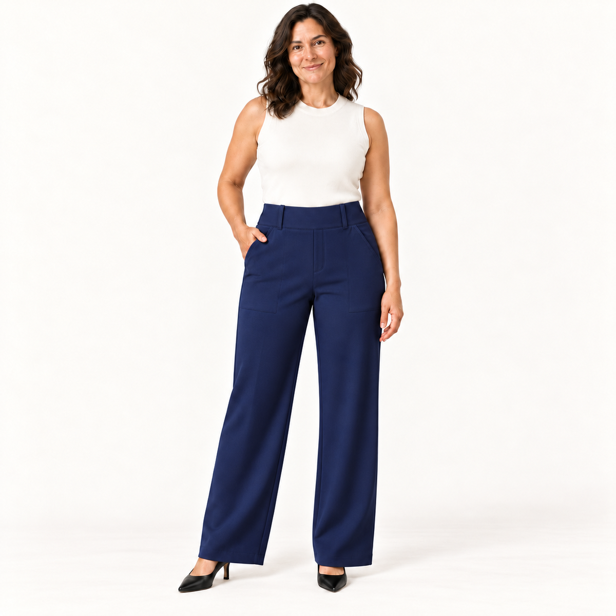 ShapeLab Sculpt & Flex Pant in blue with closed-toe pumps