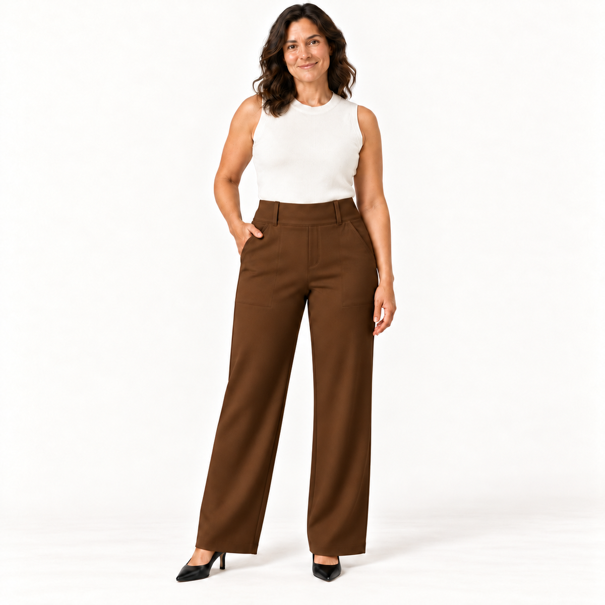 ShapeLab Sculpt & Flex Pant in coffee with closed-toe pumps