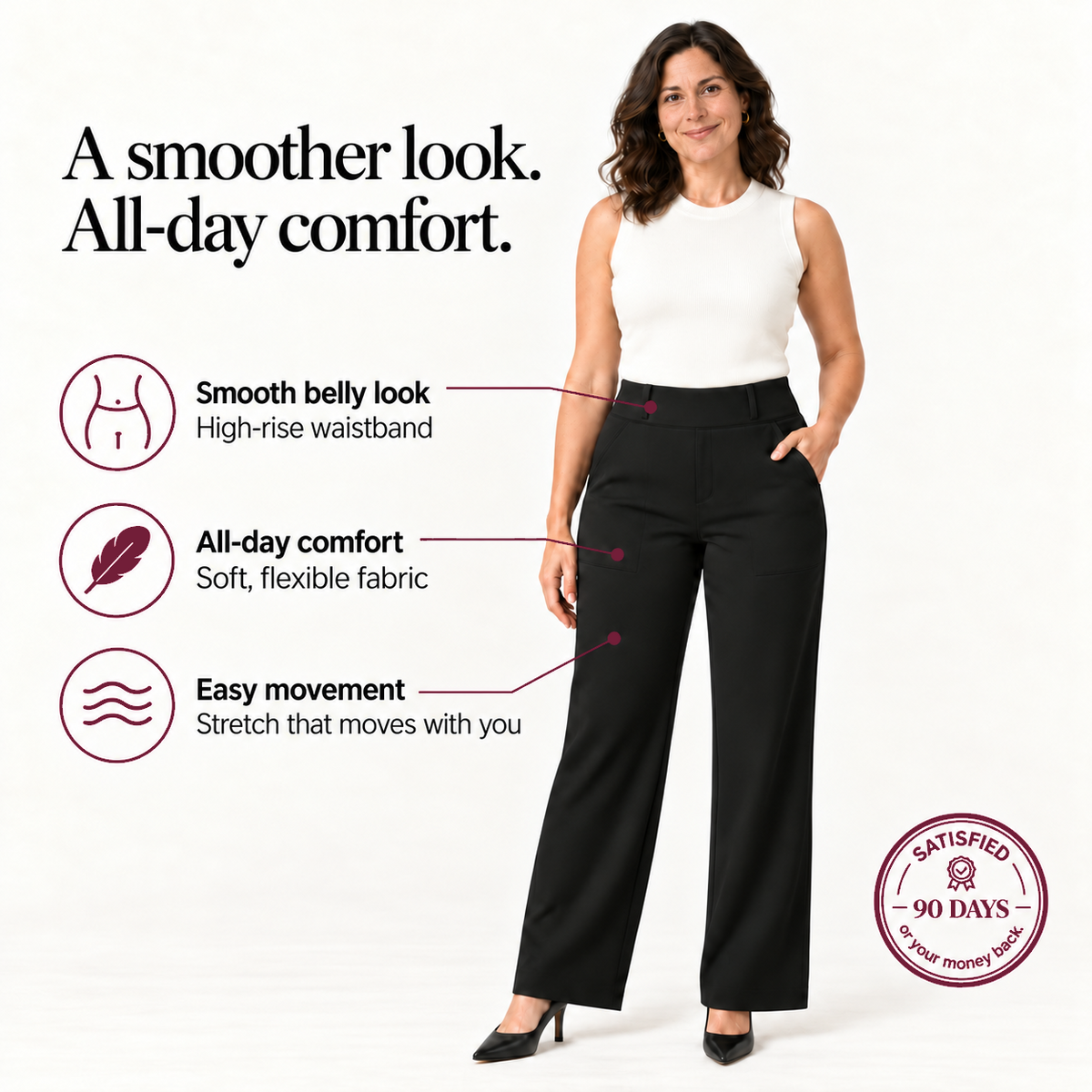ShapeLab Sculpt & Flex Pant high-rise comfort benefits with closed-toe pumps