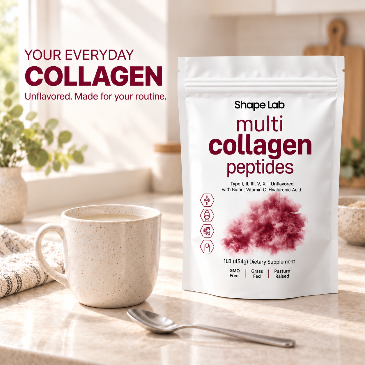 Unflavored collagen pouch in a daily kitchen routine